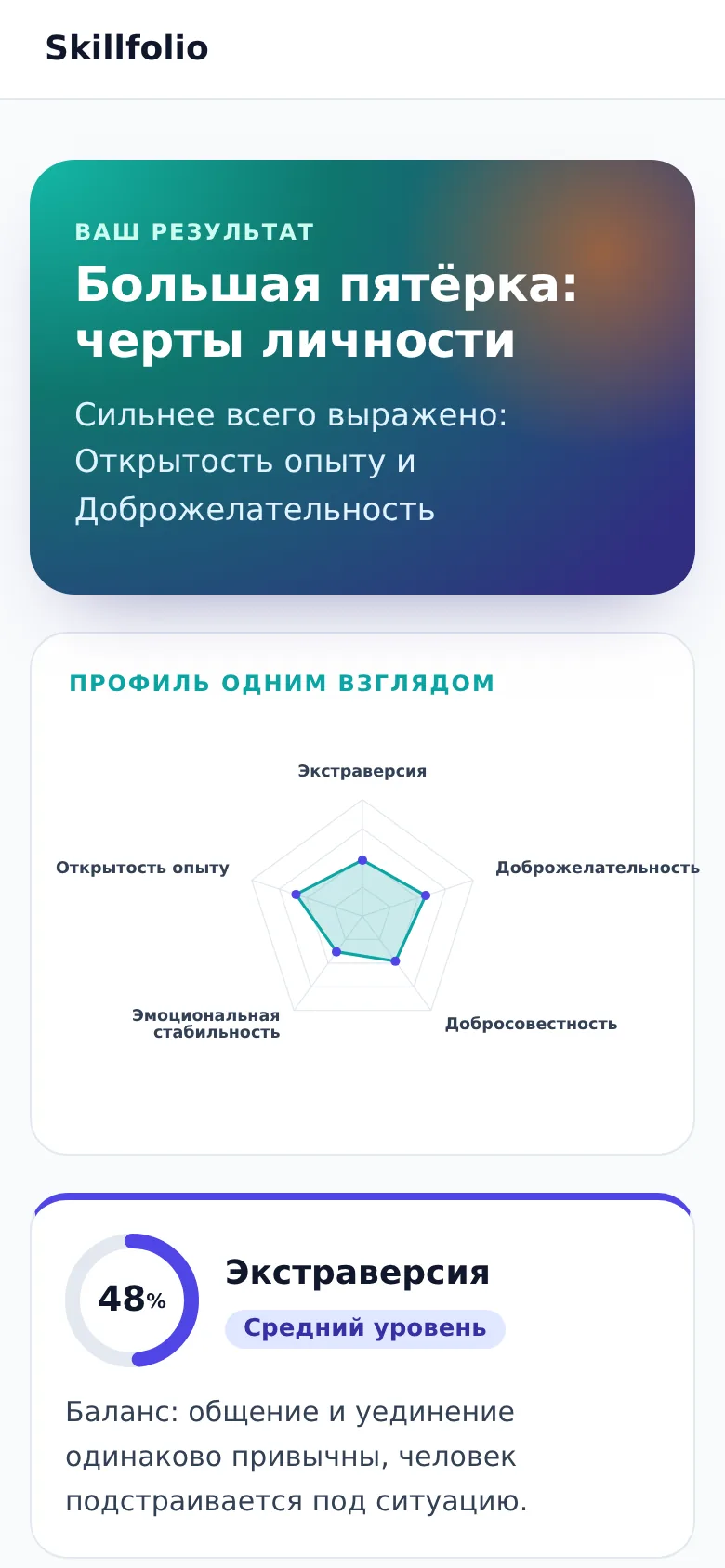 Результат теста «Большая пятёрка» на телефоне клиента